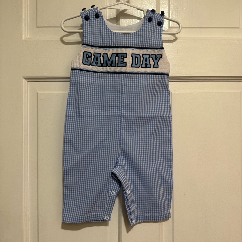 3-6 Month NEW Smocked Boys Jon Jon Romper Longalls Outfit Game Day Sports Blue